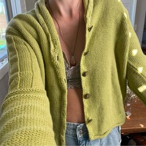 J. Jill 100% Cotton Lime Chunky Cable Knit Button Down Sweater Green Fun Cute